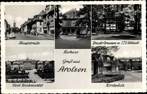 Ak Bad Arolsen in Hessen, Hauptstraße, Kreusler Brunnen, ITS Gebäuse, Residenzschloss, Kirchplatz