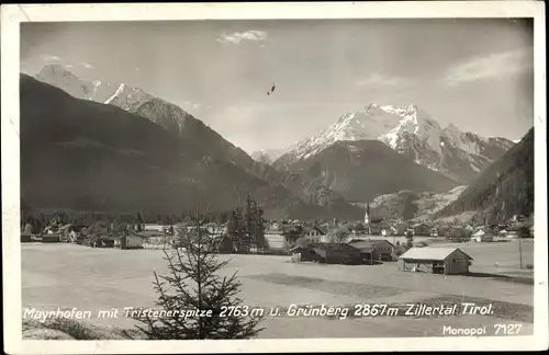 Ak Mayrhofen im Zillertal Tirol, Totalansicht mit Tristenerspitze und Grünberg