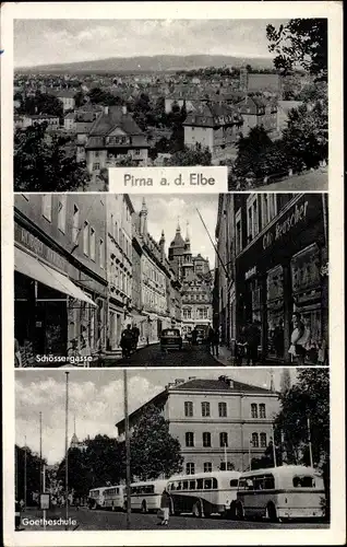 Ak Pirna in Sachsen, Gesamtansicht, Schössergasse, Goetheschule, Busse