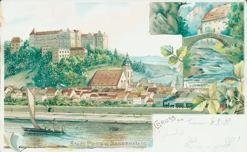 Glitzer Litho Pirna an der Elbe, Stadt, Schloss Sonnenstein, Lochmühle