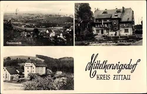 Ak Mittelherwigsdorf Zittau in der Oberlausitz, Stadtpanorama, Feierabendheim, Gemeindeamt