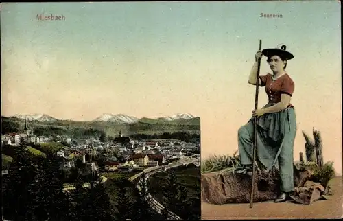 Ak Miesbach in Oberbayern, Sennerin, Panorama vom Ort