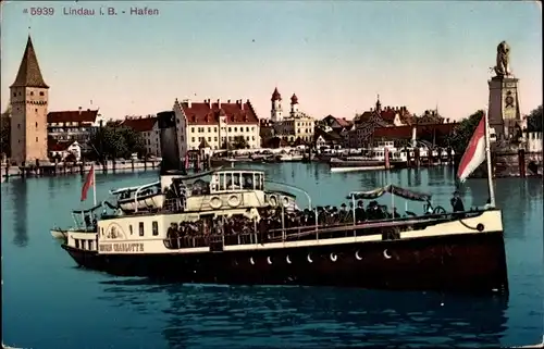 Ak Lindau am Bodensee Schwaben, Hafen, Salondampfer Königin Charlotte