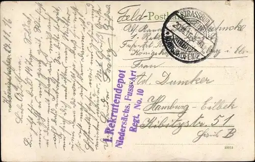 Dt. Feldpost, 1. Rekrutendepot, Niedersächsisches Fußartillerie Regiment No. 10, I WK