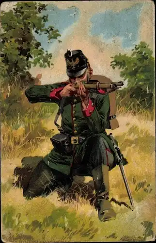 Künstler Litho Hoffmann, A., Deutscher Soldat, Garde Jäger, Munitionsgürtel, Gewehr, Kaiserreich