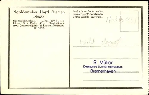 Ak Norddeutscher Lloyd Bremen, Dampfer Najade