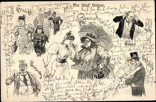 Ak Die Fünf Sinne, Gesicht, Gehör, Geschmack, Geruch, Gefühl