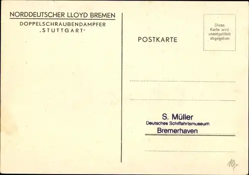 Künstler Ak Schmidt, R., Doppelschraubendampfer Stuttgart, Norddeutscher Lloyd Bremen