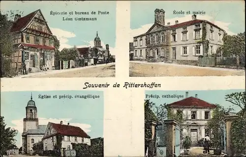 Ak Rittershoffen Elsass Bas Rhin, Ecole et marie, Epicerie et bureau de Poste, Eglise