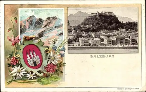 Wappen Ak Salzburg in Österreich, Blick auf die Stadt, Berge, Edelweiß