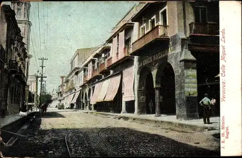 Ak Veracruz Mexiko, Calle Miguel Lerdo, Straßenpartie mit Geschäften