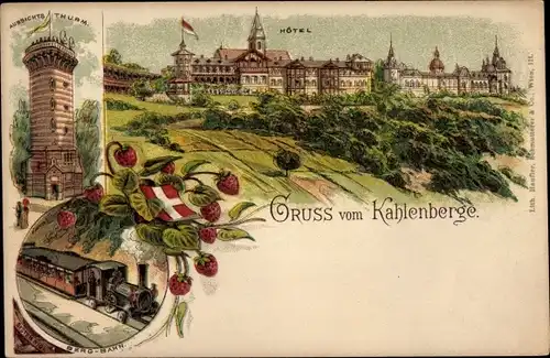 Litho Wien 19 Döbling Österreich, Kahlenberg, Hotel, Aussichtsturm, Bergbahn