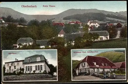 Ak Bourbach le Haut Oberburbach Elsass Haut Rhin, Schule, Panorama, Wirtschaft Ferd. Schuffenecker