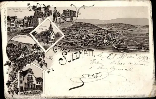 Litho Soultzmatt Sulzmatt Elsass Haut Rhin, Hauptstraße, Marktplatz, Café, Kapelle