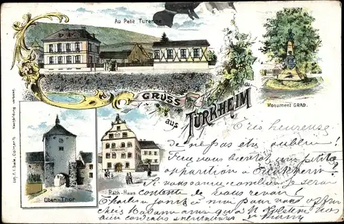 Litho Turckheim Türkheim Elsass Haut Rhin, Petit Turenne, Rathaus, Obertor, Monument Grad