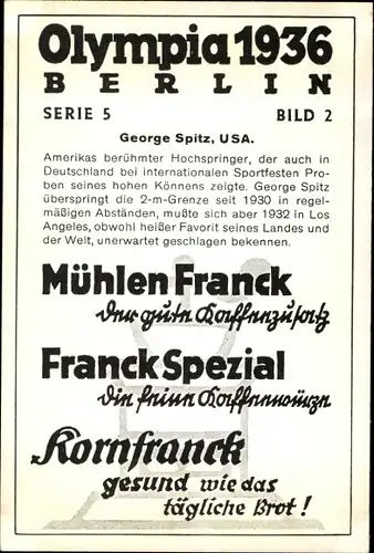 Sammelbild Olympia 1936 Serie 5 Bild 2, George Spitz USA, Hochsprung, Franck Kaffee