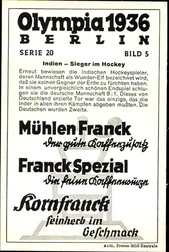 Sammelbild Olympia 1936 Serie 20 Bild 5, Hockeymannschaft Indien, Franck Kaffee