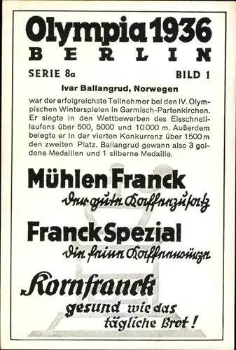 Sammelbild Olympia 1936 Serie 8a Bild 1, Eisschnellläufer Ivar Ballangrud Norwegen, Franck Kaffee