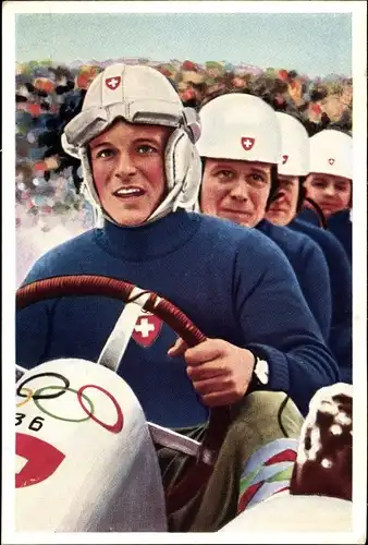 Sammelbild Olympia 1936 Serie 8a Bild 2, Pierre Musy Viererbob Schweiz, Mühlen Franck Kaffeezusatz
