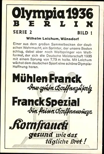 Sammelbild Olympia 1936, Wilhelm Leichum, Weitspringer, Mühlen Franck Kaffeezusatz