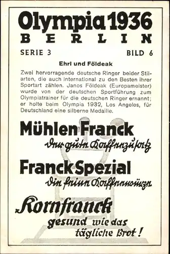 Sammelbild Olympia 1936, Ehrl und Földeak, Ringkampf, Mühlen Franck Kaffeezusatz