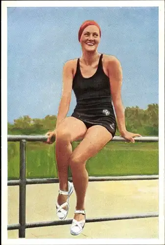 Sammelbild Olympia 1936, Hertha Schieche, Schwimmerin, Mühlen Franck Kaffeezusatz