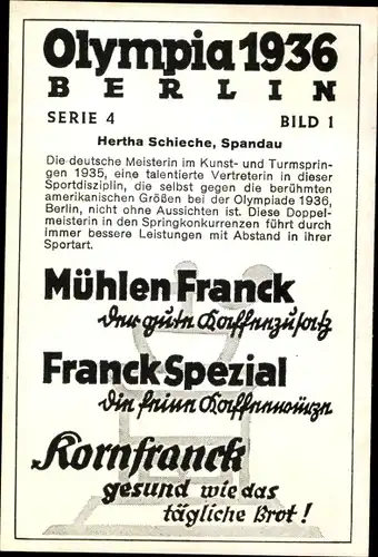 Sammelbild Olympia 1936, Hertha Schieche, Schwimmerin, Mühlen Franck Kaffeezusatz