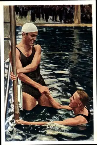 Sammelbild Olympia 1936, Otto Wille und Helmuth Fischer, Schwimmer, Mühlen Franck Kaffeezusatz