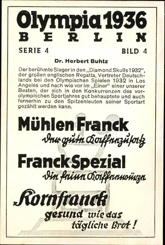 Sammelbild Olympia 1936, Herbert Buhtz, Ruderer, Mühlen Franck Kaffeezusatz