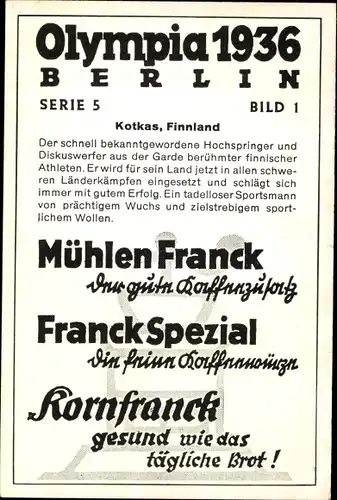 Sammelbild Olympia 1936, Kotkas, Hochspringer, Mühlen Franck Kaffeezusatz