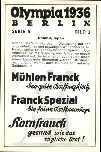 Sammelbild Olympia 1936, Nambu, Weitspringer, Mühlen Franck Kaffeezusatz