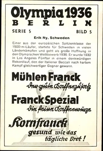 Sammelbild Olympia 1936, Erik Ny, Läufer, Mühlen Franck Kaffeezusatz