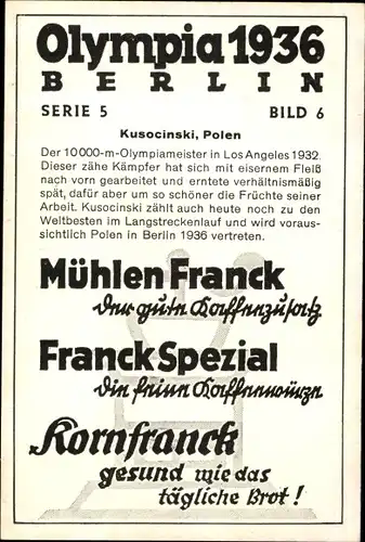 Sammelbild Olympia 1936, Kusocinski, Läufer, Mühlen Franck Kaffeezusatz