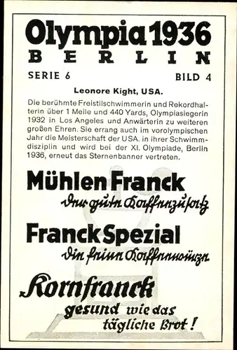 Sammelbild Olympia 1936, Leonore Kight, Schwimmerin, Mühlen Franck Kaffeezusatz