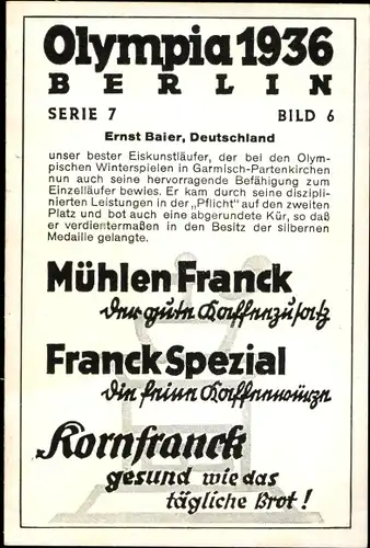 Sammelbild Olympia 1936, Eiskunstläufer Ernst Baier, Mühlen Franck Kaffeezusatz