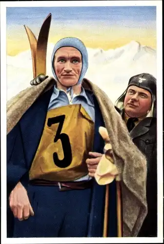 Sammelbild Olympia 1936, Skifahrer Kalle Jalkanen, Mühlen Franck Kaffeezusatz