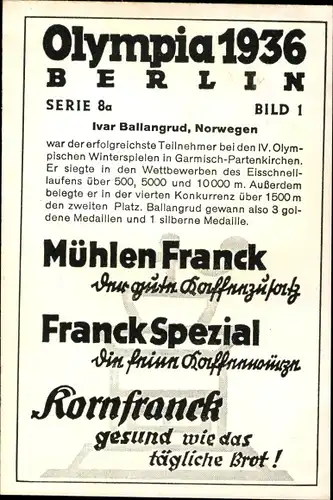 Sammelbild Olympia 1936, Eisschnellläufer Ivar Ballangrud, Mühlen Franck Kaffeezusatz