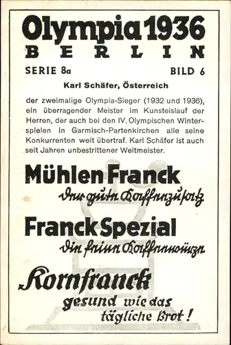 Sammelbild Olympia 1936, Eiskunstläufer Karl Schäfer, Mühlen Franck Kaffeezusatz