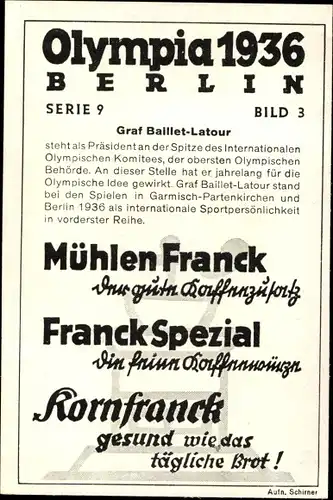 Sammelbild Olympia 1936, Graf Baillet-Latour Präsident des IOK, Mühlen Franck Kaffeezusatz