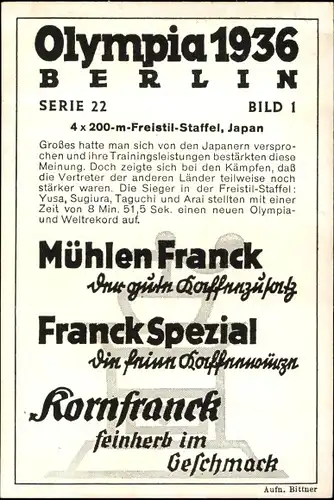 Sammelbild Olympia 1936, Japans 4x200m Freistilstaffel, Yusa, Sugiura, Taguchi, Arai