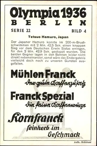 Sammelbild Olympia 1936, Der japanische Schwimmer Tetsuo Hamuro, Mühlen Franck Kaffeezusatz