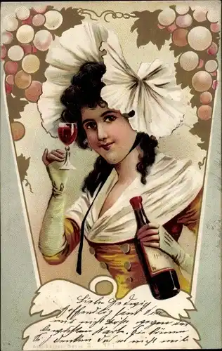 Jugendstil Ak Dame mit Weinglas, Flasche, Trauben