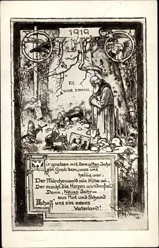 Künstler Ak Vogel, H., Wir graben mit dem alten Jahr ein Grab, 1919, Zwerge, ein neues Vaterland