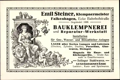 Ak Falkenhagen in der Mark, Emil Steiner Klempnermeister, Bauklempnerei, Ecke Bahnhofstraße