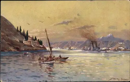 Künstler Ak Stöwer, Willy, In den Dardanellen, Balkan, SMS Goeben, Admiral Wilhelm Souchon