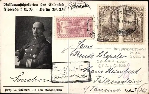 Künstler Ak Stöwer, Willy, In den Dardanellen, Balkan, SMS Goeben, Admiral Wilhelm Souchon