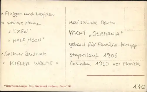 Ak Yacht Germania der Familie Krupp, Kieler Woche, Zweimaster