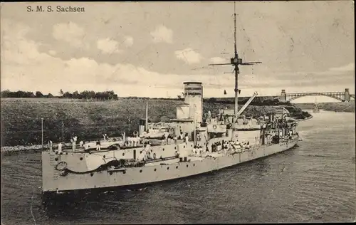 Ak Deutsches Kriegsschiff, SMS Sachsen, Panzerkorvette, Kaiserliche Marine