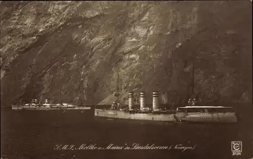 Ak Laerdalsoeren Norwegen, Deutsches Kriegsschiff, SMS Moltke, Schlachtkreuzer, SMS Mainz