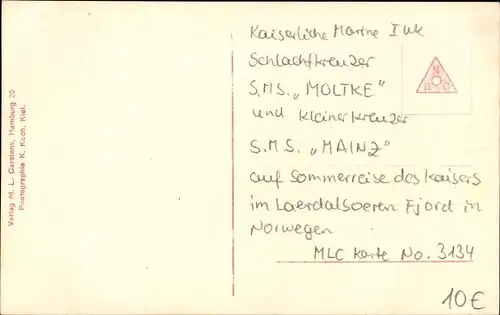 Ak Laerdalsoeren Norwegen, Deutsches Kriegsschiff, SMS Moltke, Schlachtkreuzer, SMS Mainz